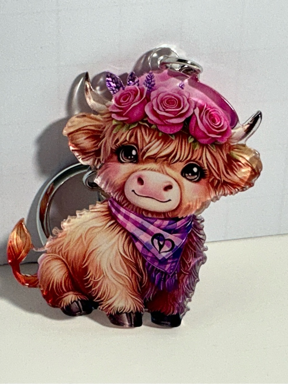 Cute Highland Cow Keychain with Pink Flower Crown